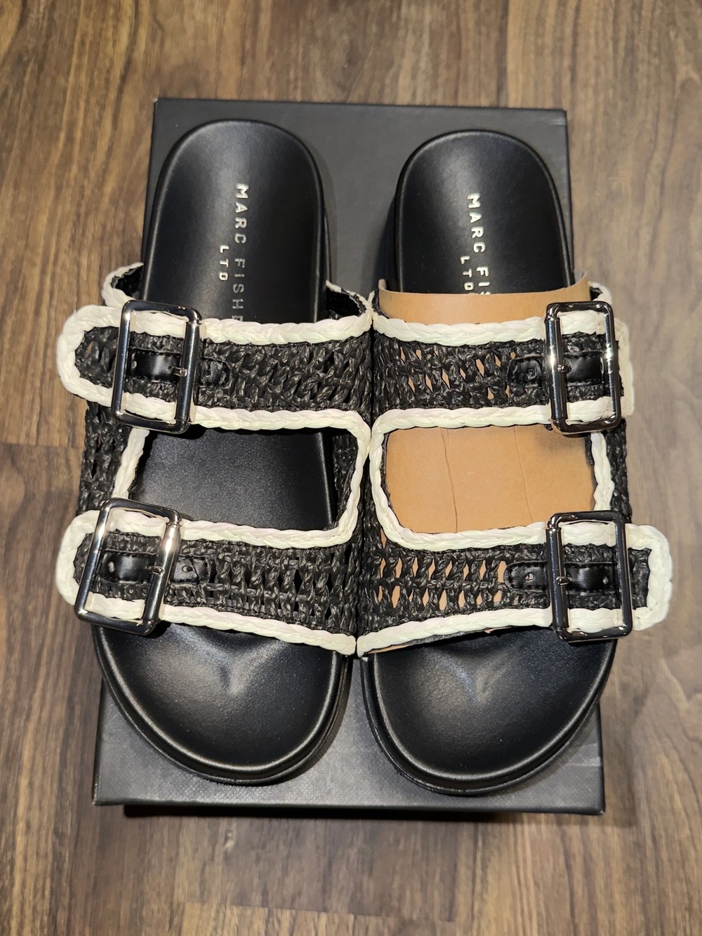 Marc Fisher Black Braided Double-Buckle Slide Sandals
